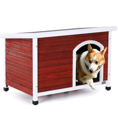 Outdoor Medium Dog House In Red - 100% Solid Wood Waterproof Roof, Elevated Floor Adjustable Feet Weather-, Door Curtain For Dogs Up To 70 Lbs Roof &