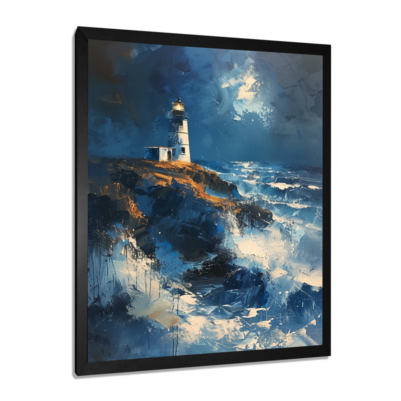 Décoration murale phare bleu orageux II - Phares, Cadre simple noir, H 24 po x l 32 po