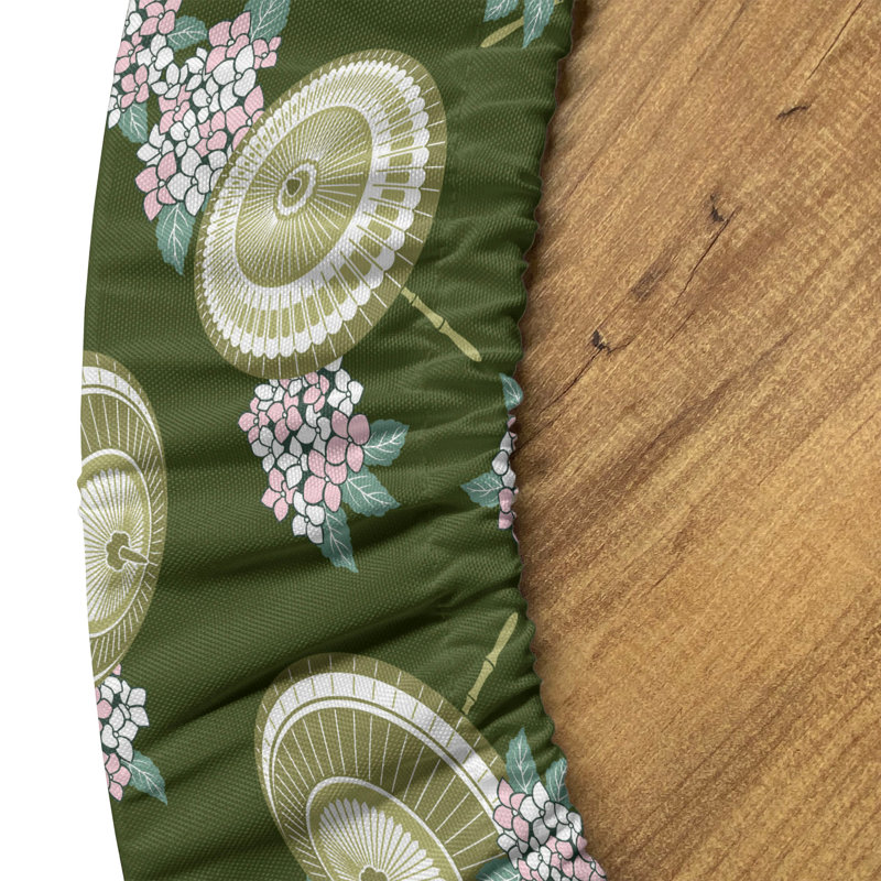 Ebern Designs Umbrella Fitted Round Tablecloth Olive Green and Multicolor