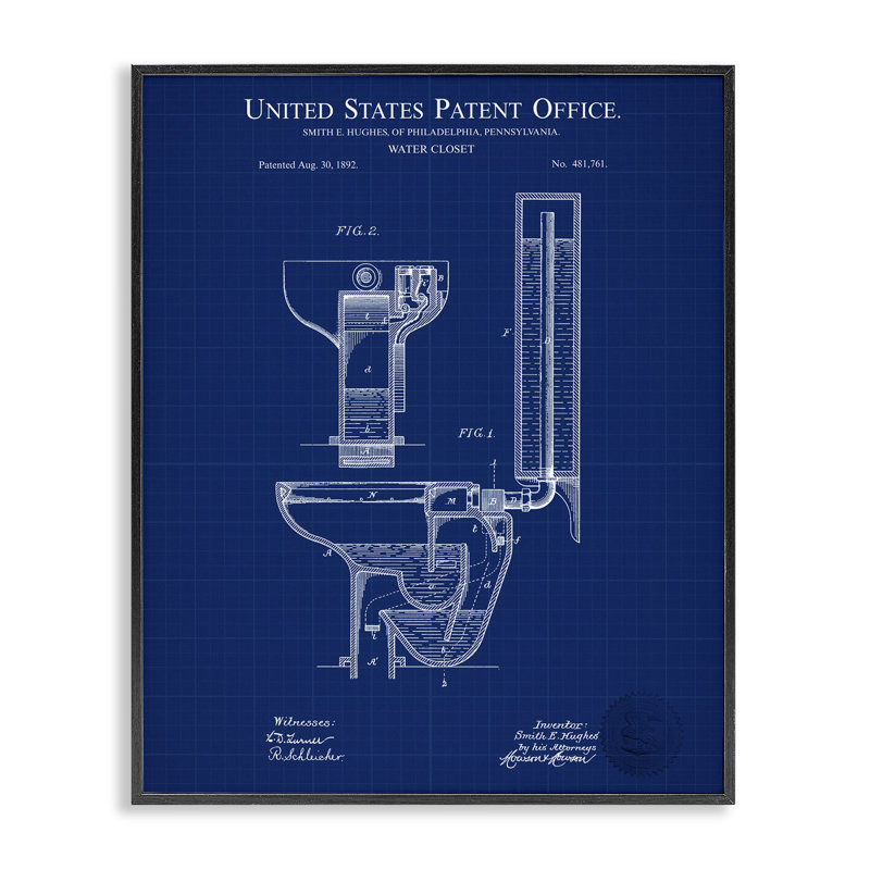 "Water Closet Blueprint", art de la giclée encadrée par Karl Hronek, Giclée encadrée noir minuit, H 14 po x l 11 po