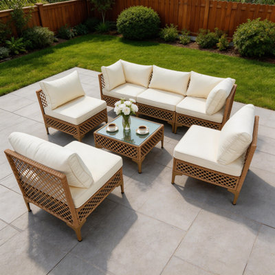 7-Piece Modular Wicker Patio Conversation Set with Cushions for Backyard/Patio/Poolside  – Beige