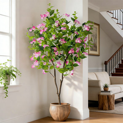 5FT Artificial Bougainvillea Tree With Wood Trunk & Flowers, Potted Faux Plant For Office Wedding Home Decor