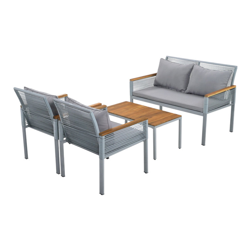 Rattan Garden Furniture Set With Double Sofa, 2 Armchairs And Table, Grey, Grey