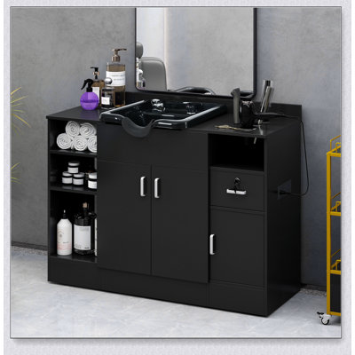 Station de lavage à contre-shampooing pour salons, station de salon avec cuve à shampooing et couche de rangement, tiroir, prises 10 V, port USB, pulvérisateur de robinet, équipement de salon pour la beauté du spa