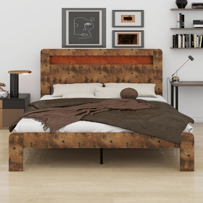 Wood Platform Bed Frame With Storage LED Light Headboard And USB