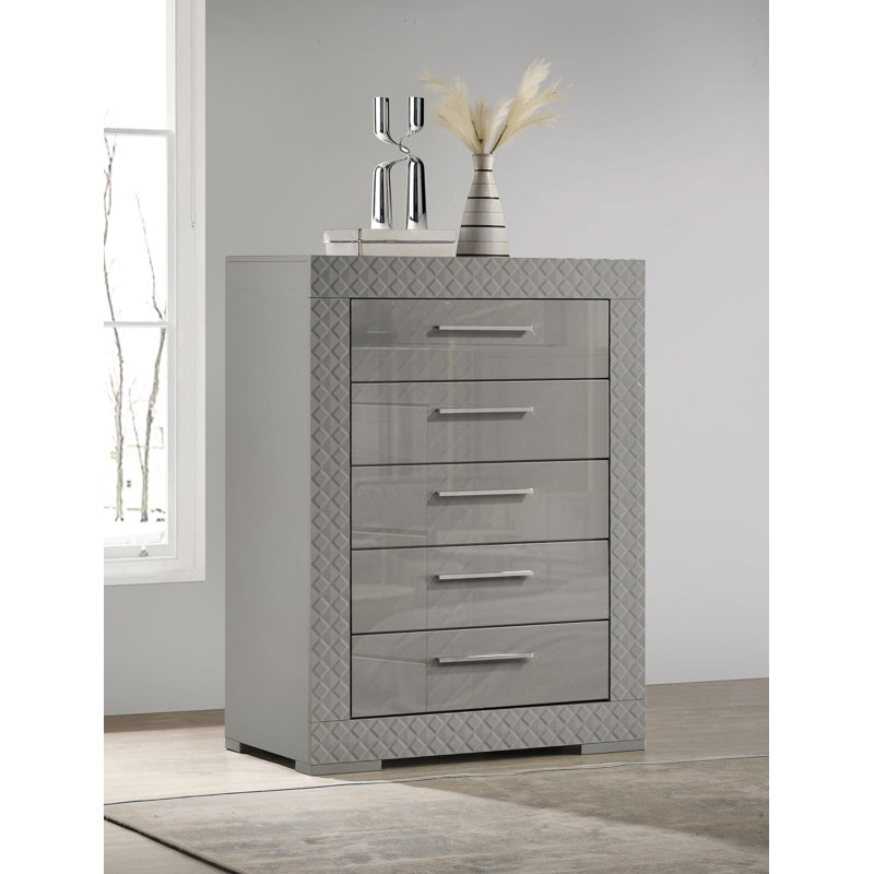 Commode 5 tiroirs pour chambre à coucher 5 tiroirs gris ultrabrillant