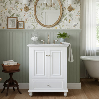 24" Freestanding Bathroom Vanity With Ceramic Sink, French Vintage Vanity With Drawer Dividers And Door-Mounted Organizers