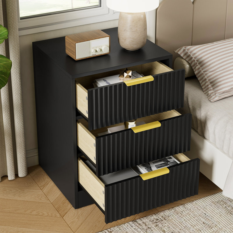 Fluted Nightstand With 3 Storage Drawers, Black, 3