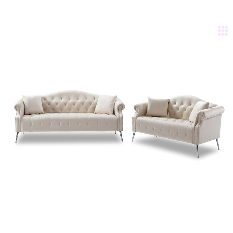 Ensemble de canapé classique en velours Chesterfield, Velours beige