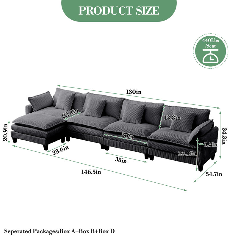 Canapé modulaire modulaire, canapé en velours côtelé avec repose-pieds mobile, coussins décoratifs, Gris