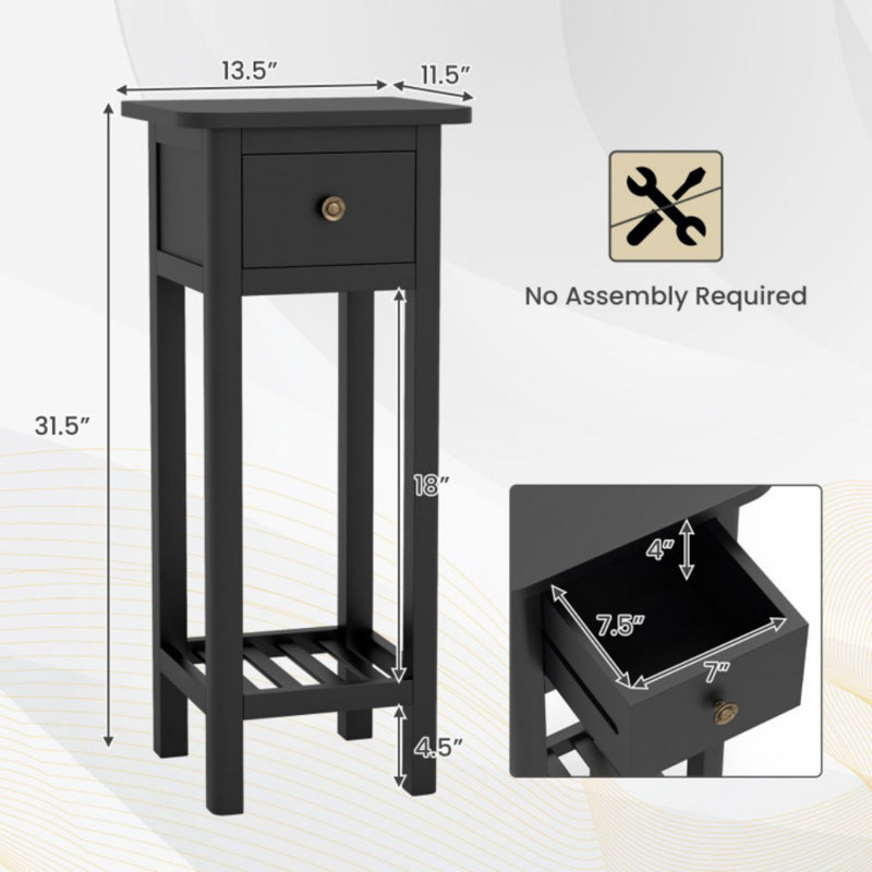 2 Tier Slim Nightstand Bedside Table with Drawer Shelf, Black