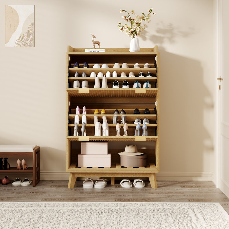 Fluted Shoe Cabinet for Entryway , 48" Tall Modern Narrow Shoe Organizer Storage , Bottom Open Shelf, 2 Flip Drawers, Adjustable Shelves, Curved Profile for Living Room