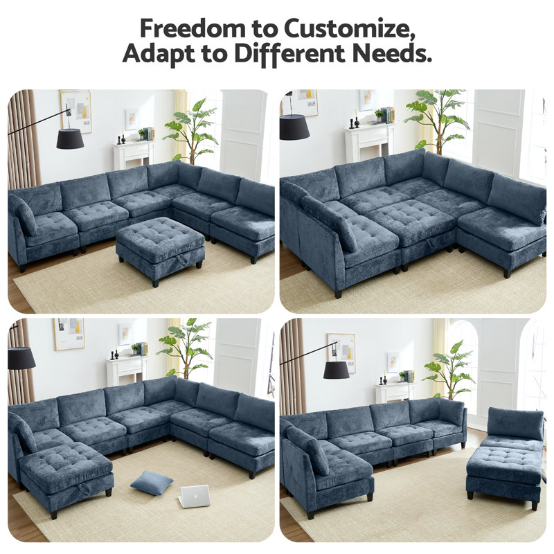 Canapé modulaire en chenille 7 pièces à assise profonde avec repose-pieds de rangement et canapé convertible 7 pièces