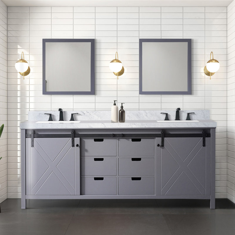 Meuble-lavabo double gris foncé l 80 po x P 22 po, comptoir en marbre de Carrare, ensemble de robinets et miroirs de 30 po