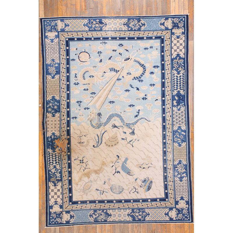 Antique Ivory Hallway Runner Wool Chinese - Peking 1890s Knotted Rectangle Rug