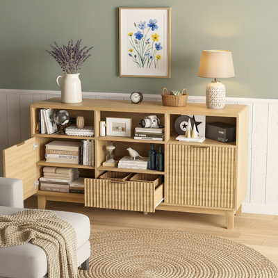 58" Wide Fluted Sideboard With Charging Station & Lighting - Natural Oak