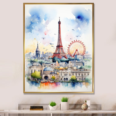 «Paris Skyline Eiffel Tower Vibrant Watercolor I», reproduction sur toile
