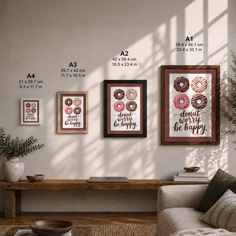Donut Worry Be Happy Typography - Framed Print, A1 - 84.1 x 59.4 cm, Walnut