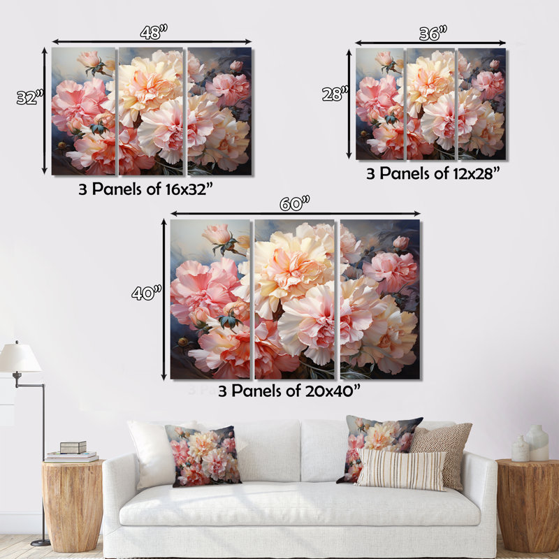 Oeillets, impression romantique II sur toile, 3 pièces, H 28 po x l 36 po x P 1 po