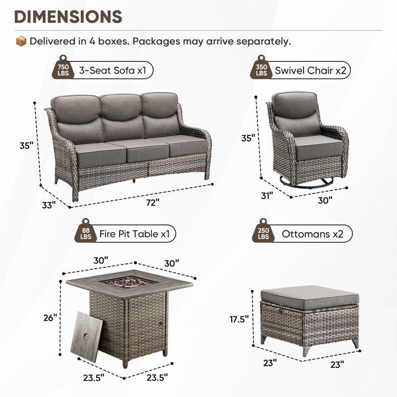Prunier 6-Piece All-Weather Outdoor Conversation Set With 50,000 BTU Fire Pit Table, 3-Seat Sofa, Swivel Gliders & Ottomans, 6" Thick Cushions