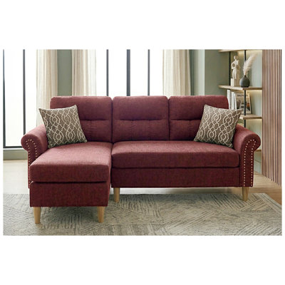 Reversible L-Shaped Sectional Sofa with Rolled Arms and Nailhead Trim, Velvet Upholstery in Red