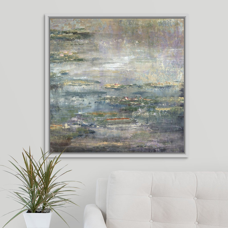 «Twilight Lilies II», peinture sur toile, H 31,7 po x l 31,7 po x P 1,75 po, Cadre flottant blanc