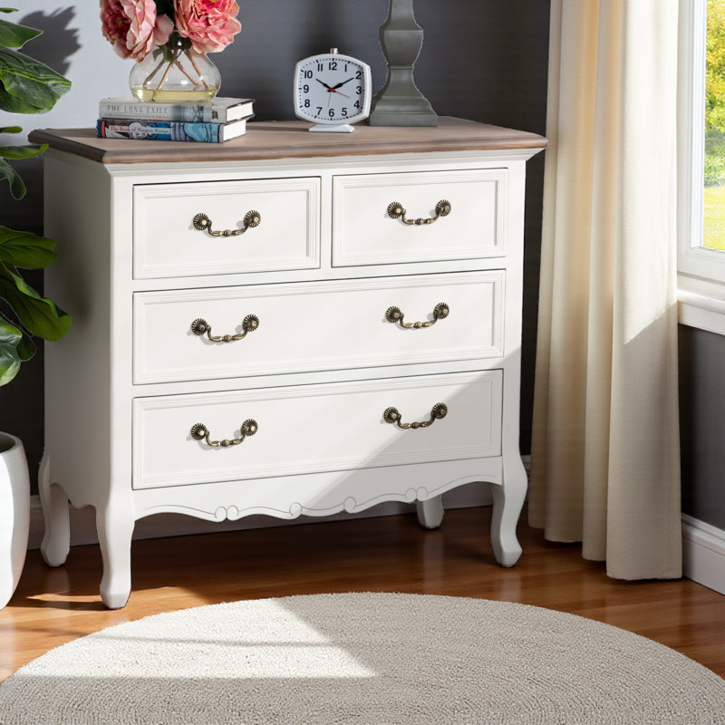 Lippa White & Oak Finish Brass Pull 4-Drawer Accent Storage Cabinet, 29.32" H X 31.1" W X 13.38" D