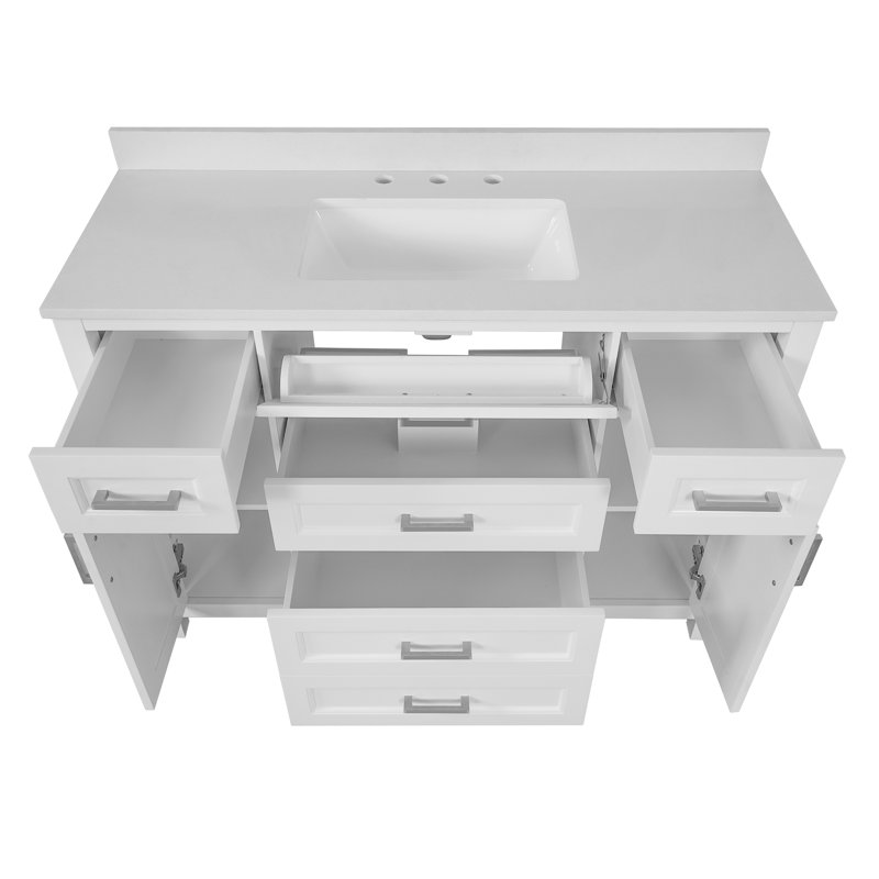 Ensemble de meuble-lavabo simple 48 po avec lavabo et dosseret en céramique 48 po, Nickel brossé, Blanc