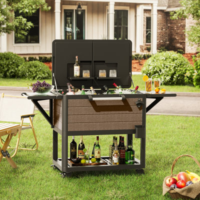 104-Qt Outdoor Resin Patio Cooler On Wheels Woodgrain Style With Foldable Side Shelves & Bottle Opener, Portable Beverage Rolling Ice Chest Weather Resistant For Party Pool Deck BBQ