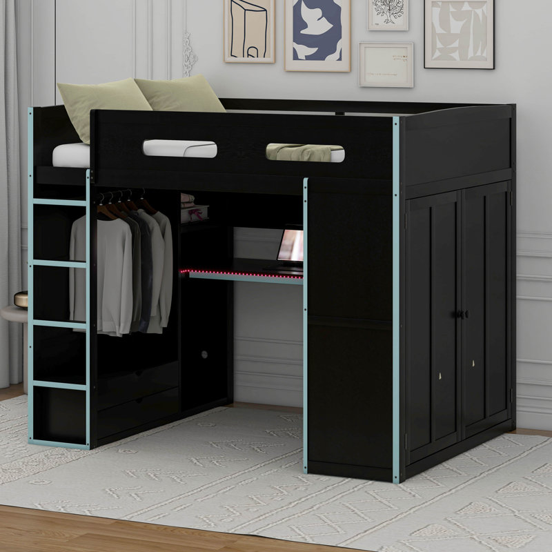 Full Size Wood Gaming Loft Bed With Built-In Desk, RGB LED Lighting, USB Port, Wardrobe & Storage, Cloud Blue
