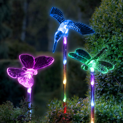 Exhart 3 Piece Solar Acrylic Butterfly, Hummingbird and Dragonfly Garden Stake Set, 3 by 25 Inches