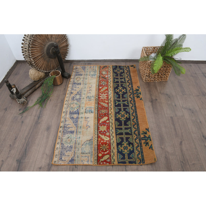 Tapis bleu rétro en patchwork de laine 32,7 x 52 pouces