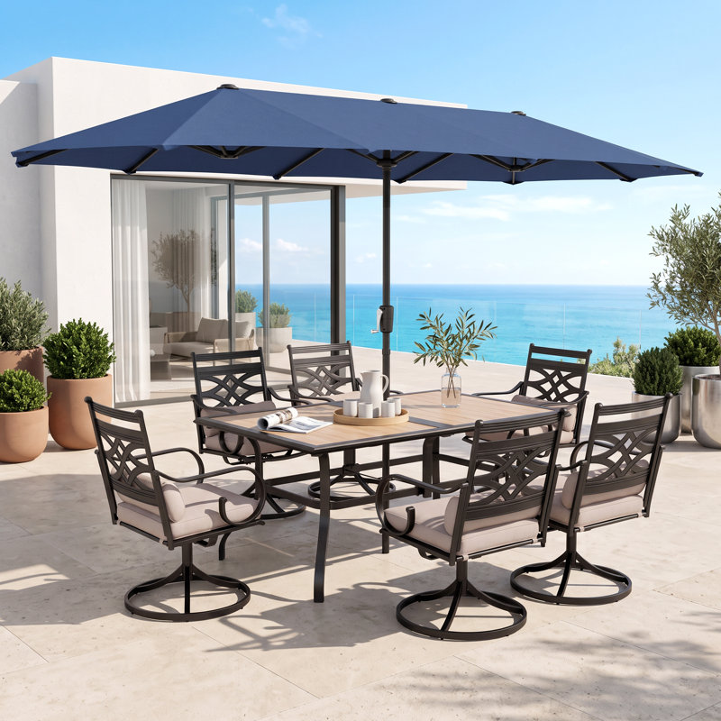 6 - Person Patio Dining Set with Rectangular Table , Cushions Included, Navy