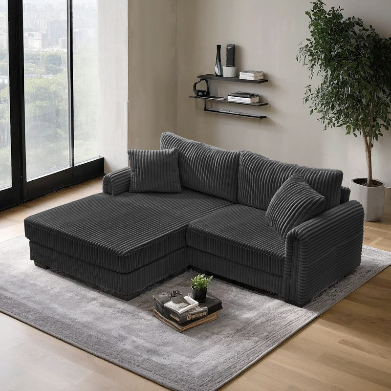 Canapé modulaire en L avec méridienne réversible, ports USB et poche latérale, Velours côtelé gris