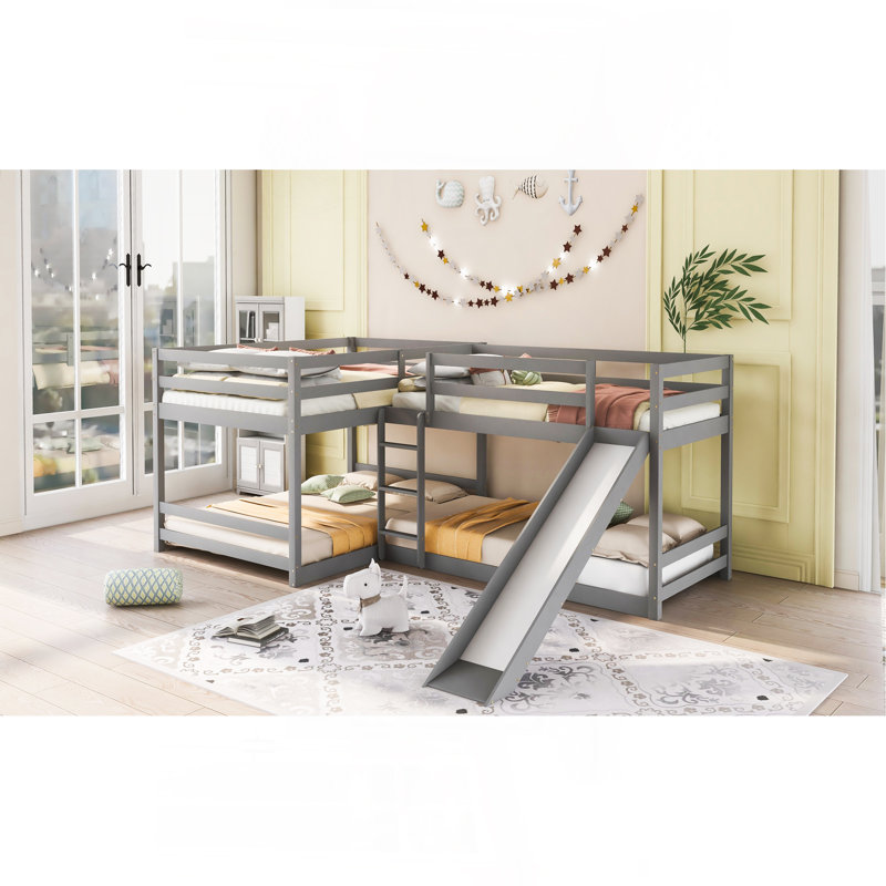 Lit superposé en L pour lit double et simple avec glissière et échelle courte, gris, Gris