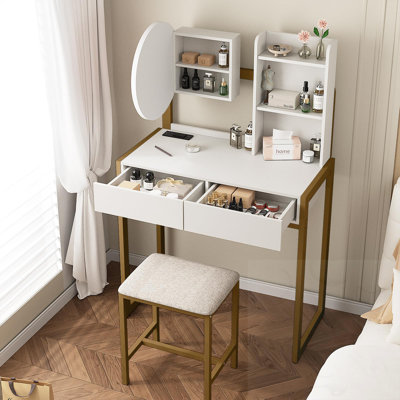 Bureau de coiffeuse avec miroir à DEL, prise de courant et tabouret rembourré