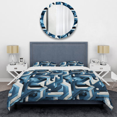 White And Blue Geometric Mosaic Pattern Polyester Box Stitch Geometric Shapes Duvet Cover Set
