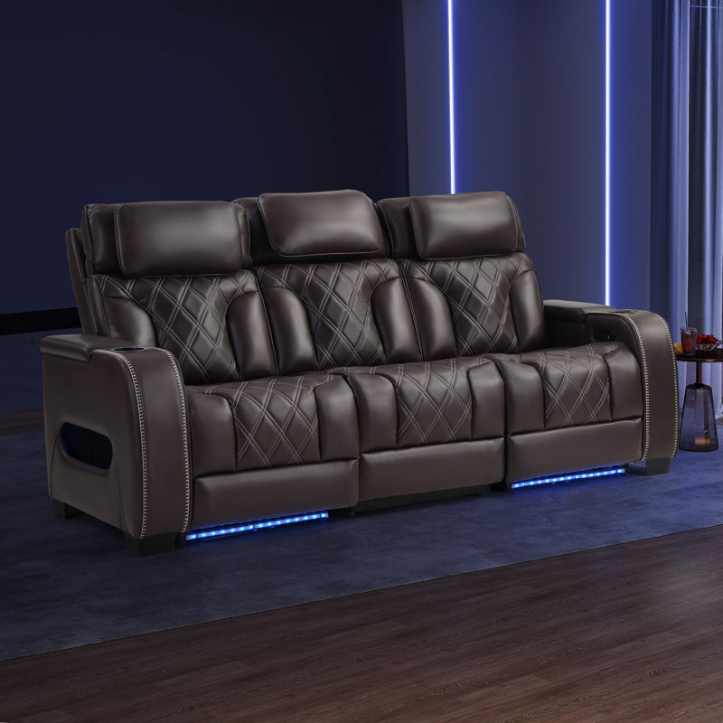 84" Wide Top Leather Power Reclining Sofa With Adjustable Headrest, And Ambient Arm Lighting, Brown