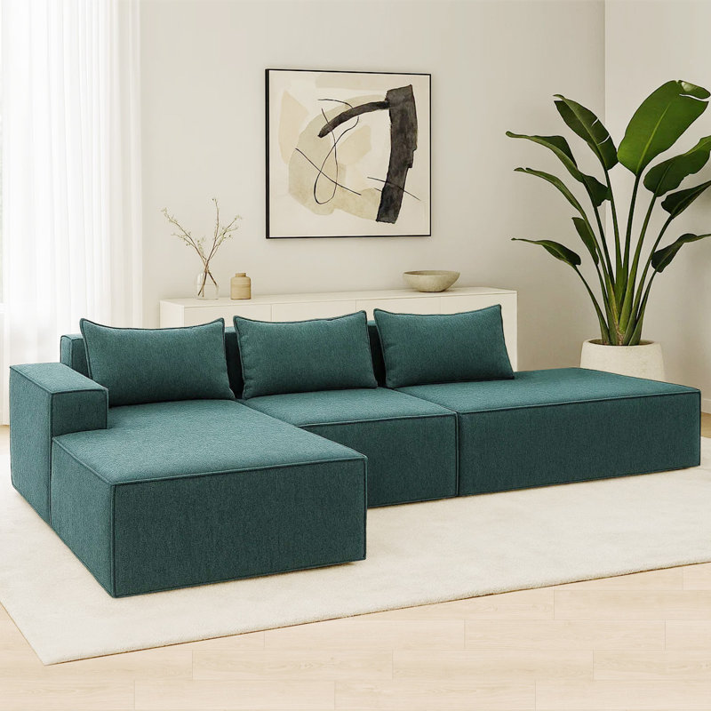Canapé en chenille 3 pièces sans assemblage requis, Chenille verte, Orienté à droite, H 27,6 po x l 115,1 po x P 70,9 po