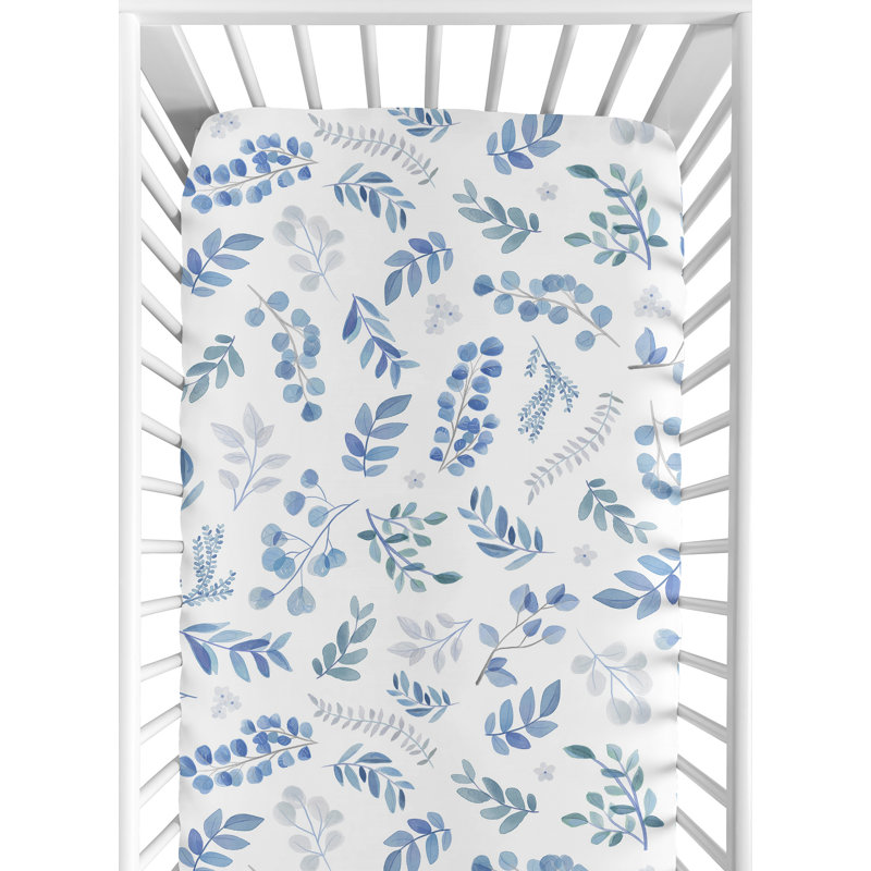 Drap-housse pour lit de bébé Botanical Leaf, Bleu / gris / blanc