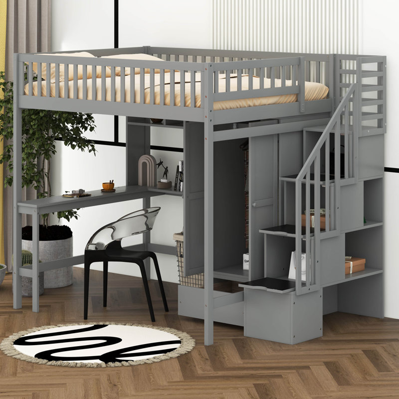 Lit mezzanine double avec tiroirs Jarlegav Kids, Gris