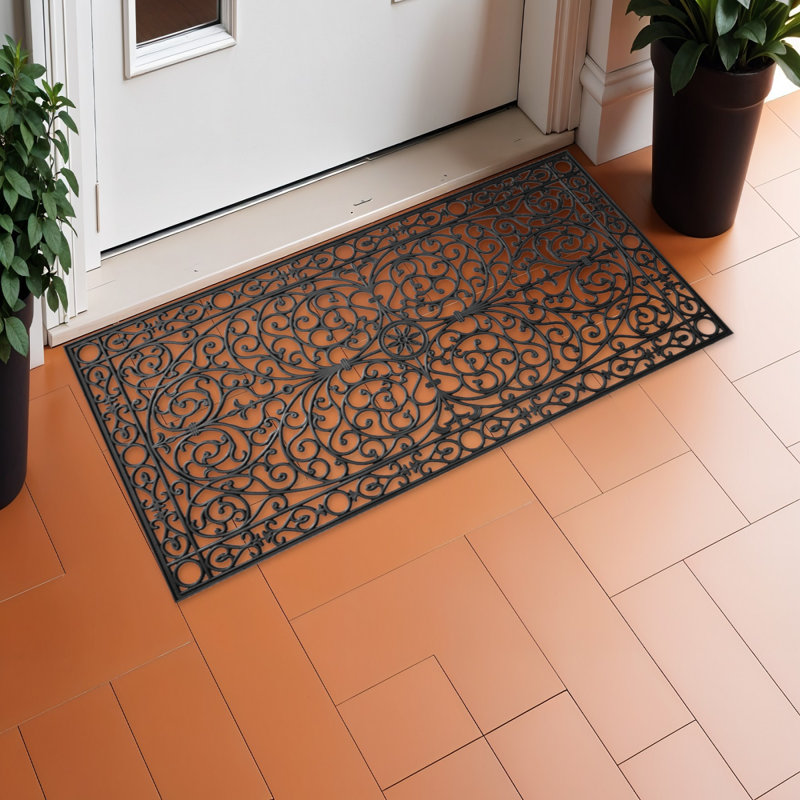 Tapis de porte d'extérieur en caoutchouc noir à motifs en volutes, 91 x 183 cm