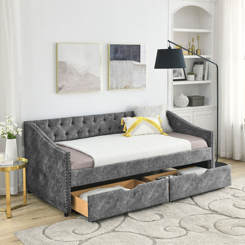 Twin Size Daybed With Drawers Upholstered Tufted Sofa Bed, With Button On Back And Copper Nail On Waved Shape Arms, Grey