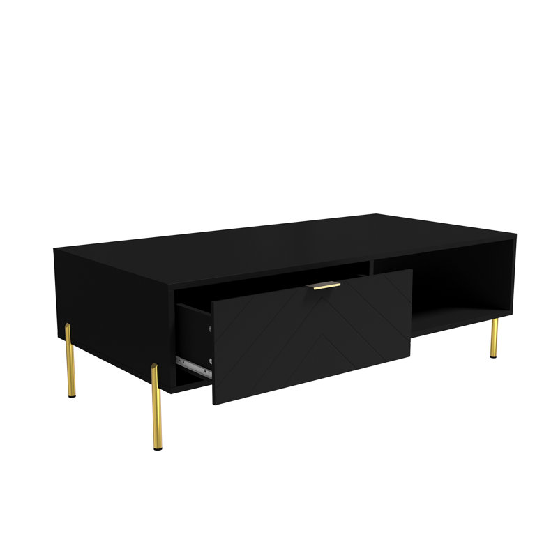 Table basse Mid-Century moderne avec tiroirs doubles, Noir, noir, noir, noir