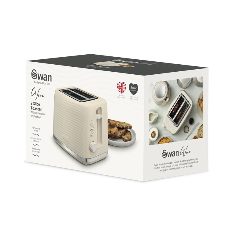 Swan ST19034CRM Wave 2-Slice Toaster, 7 Browning Levels, Defrost, Cancel & Reheat Functions, Removable Crumb Tray, Hidden Cord Storage, Non-Slip Feet