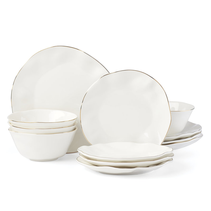 White and Blue Porcelain 12-Piece Dinnerware Set with Gold Rim