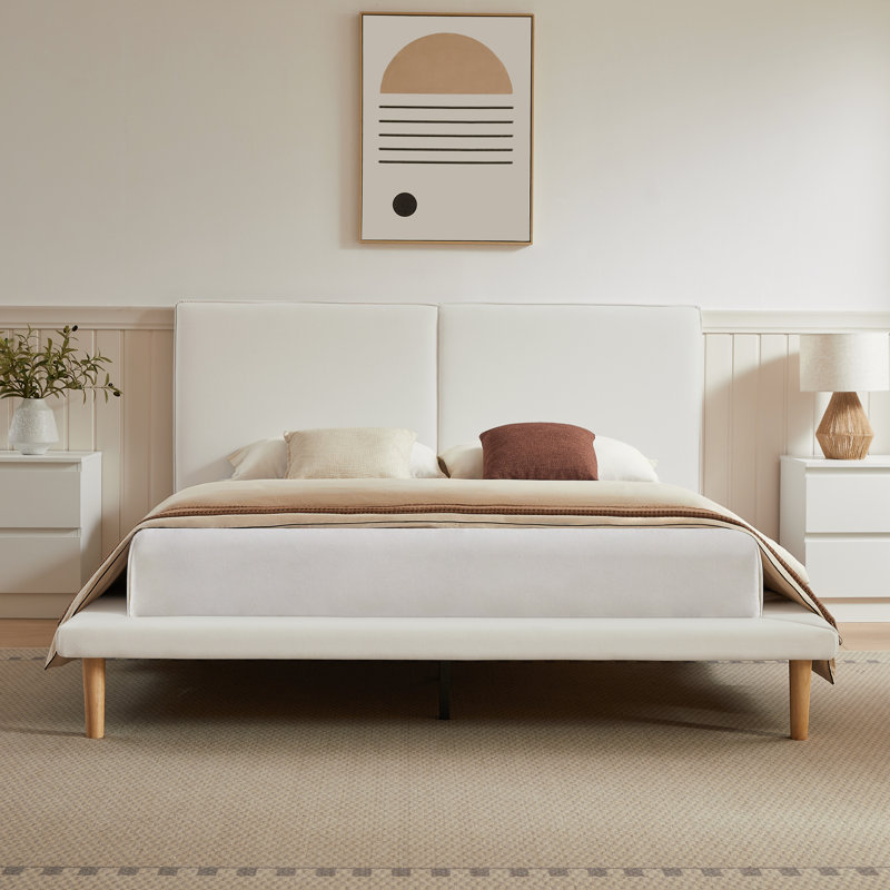 Willma Upholstered Scalloped Low Profile Platform Bed with Wider Headboard, Queen