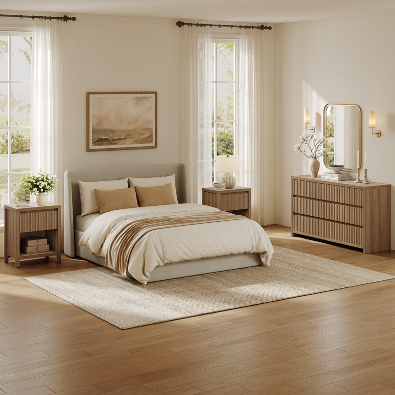 Ensemble de chambre à coucher moderne 3 pièces, commode à 6 tiroirs et 2 tables de chevet, conception peu encombrante
