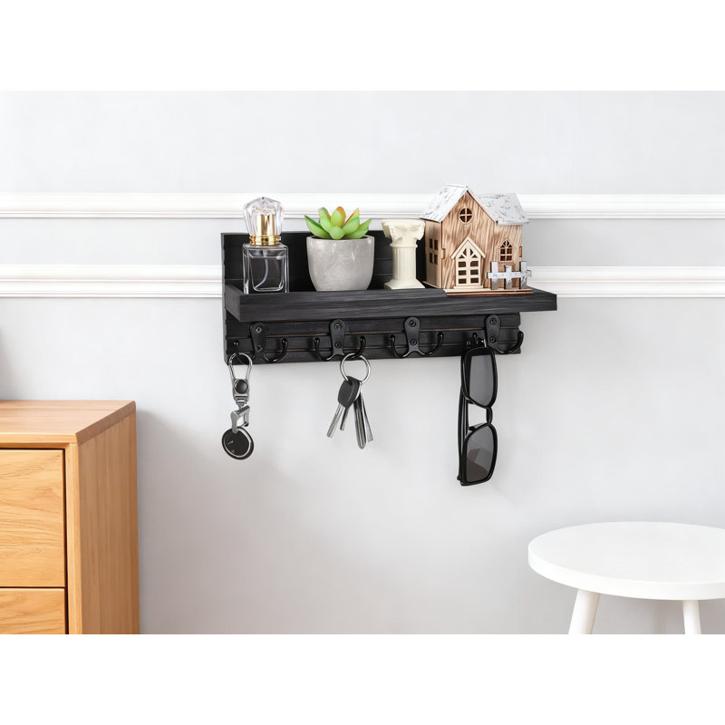 Porte-clés mural avec 4 crochets doubles et tablette de rangement, organisateur d'entrée en bois naturel pour les clés, le courrier et les articles essentiels, installation facile pour le couloir, la cuisine ou le bureau