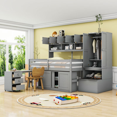 Wooden Loft Bed With Rolling Desk And Wardrobe